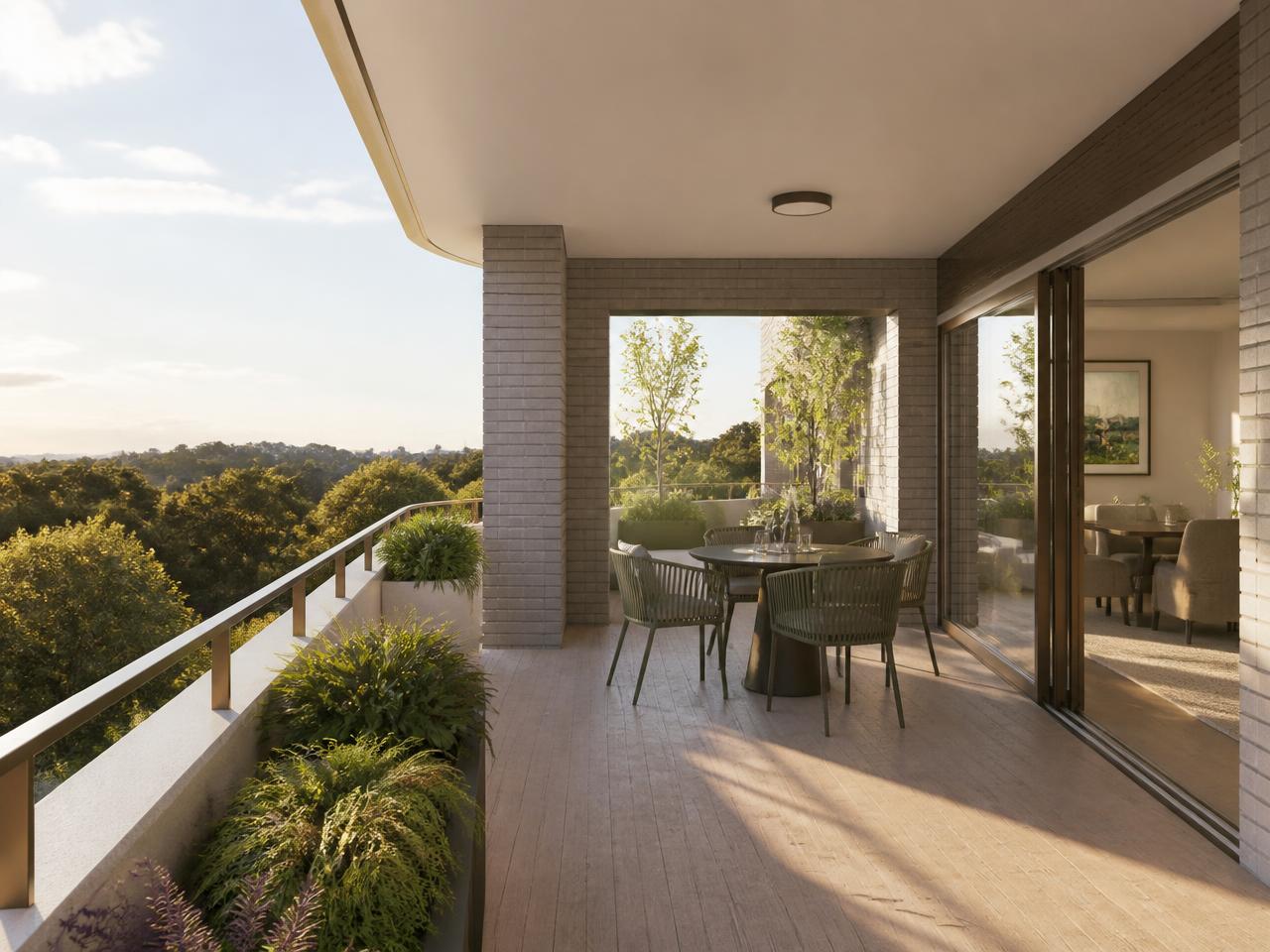 Sonniger Balkon mit Bepflanzung und Ausblick